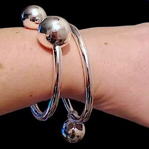 Sterling Silver Drop Ball Bangle Set 2 piece, Drop Ball, Small & Big Ball Set